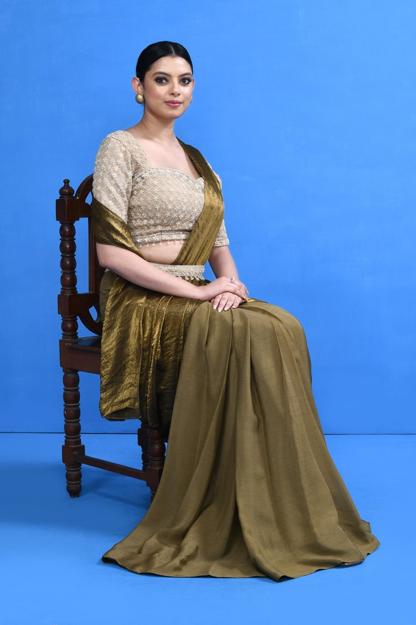 Designer Wear Brown Drape Saree - Simaaya
