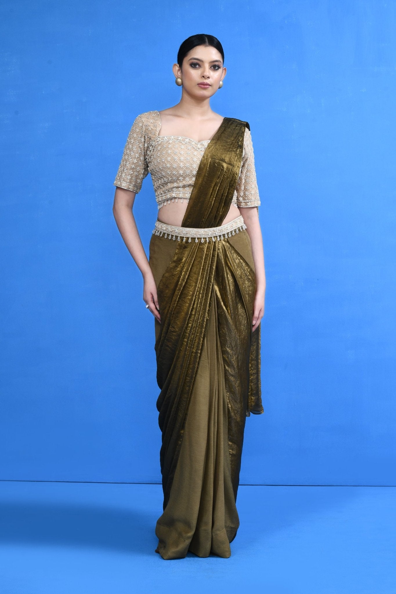 Designer Wear Brown Drape Saree - Simaaya