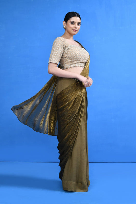 Designer Wear Brown Drape Saree - Simaaya
