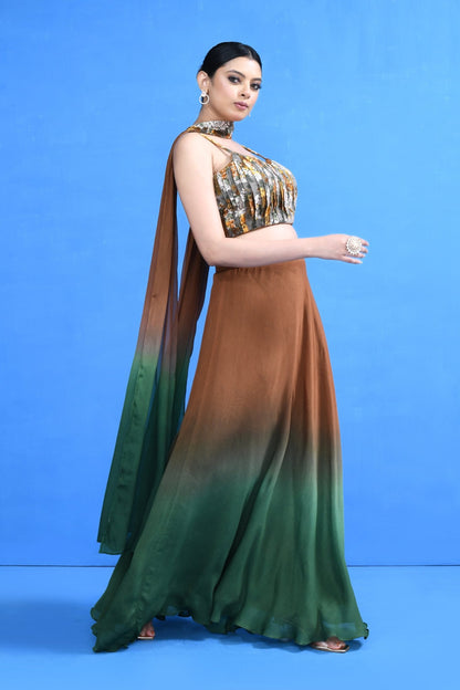 Designer Wear Brown & Green Lehenga Set - Simaaya