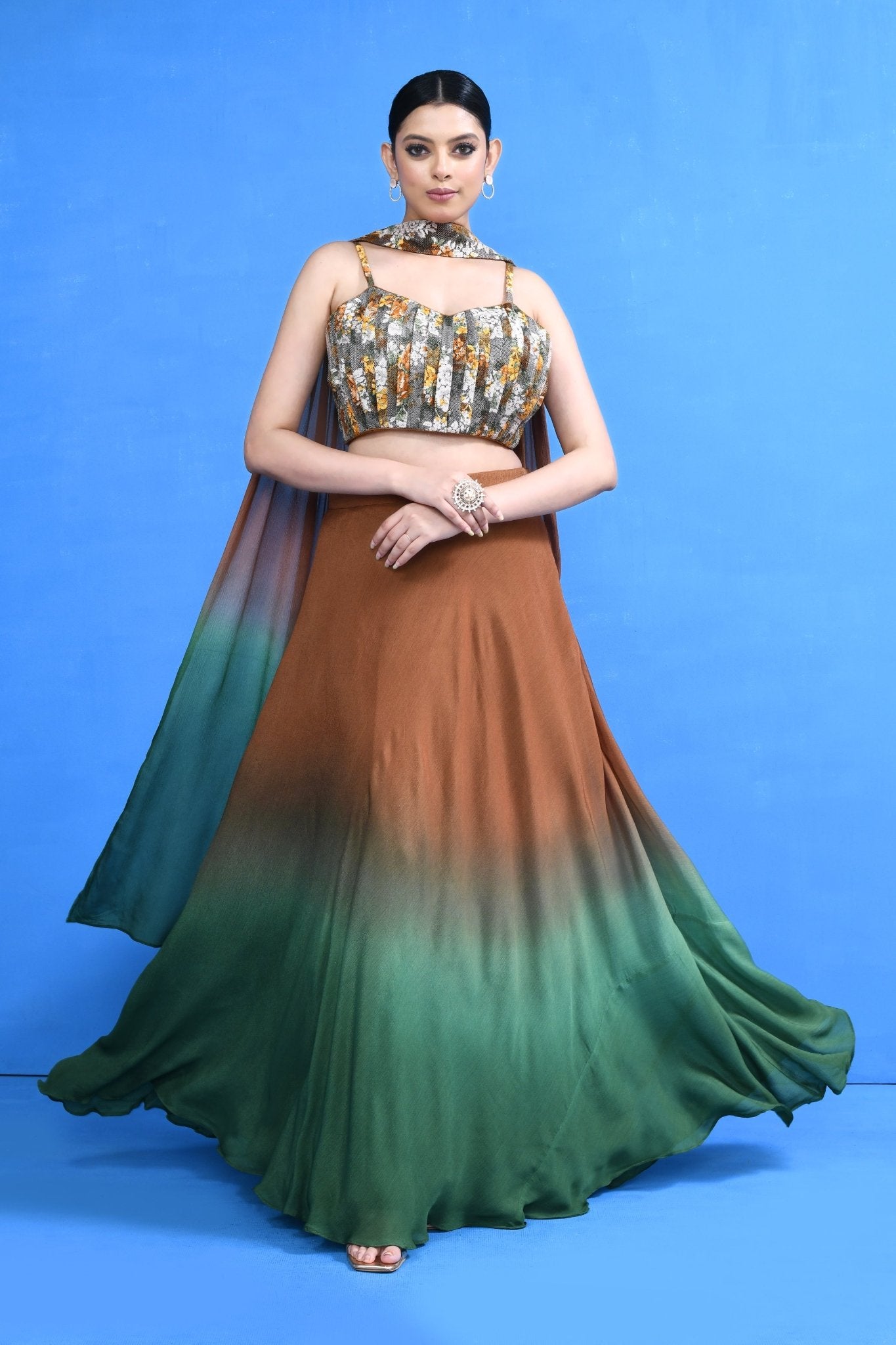 Designer Wear Brown & Green Lehenga Set - Simaaya