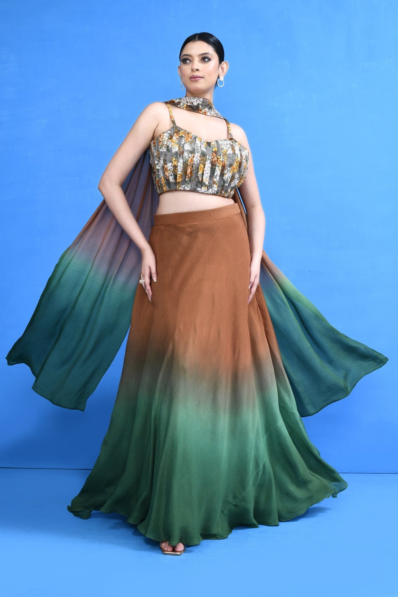 Designer Wear Brown & Green Lehenga Set - Simaaya