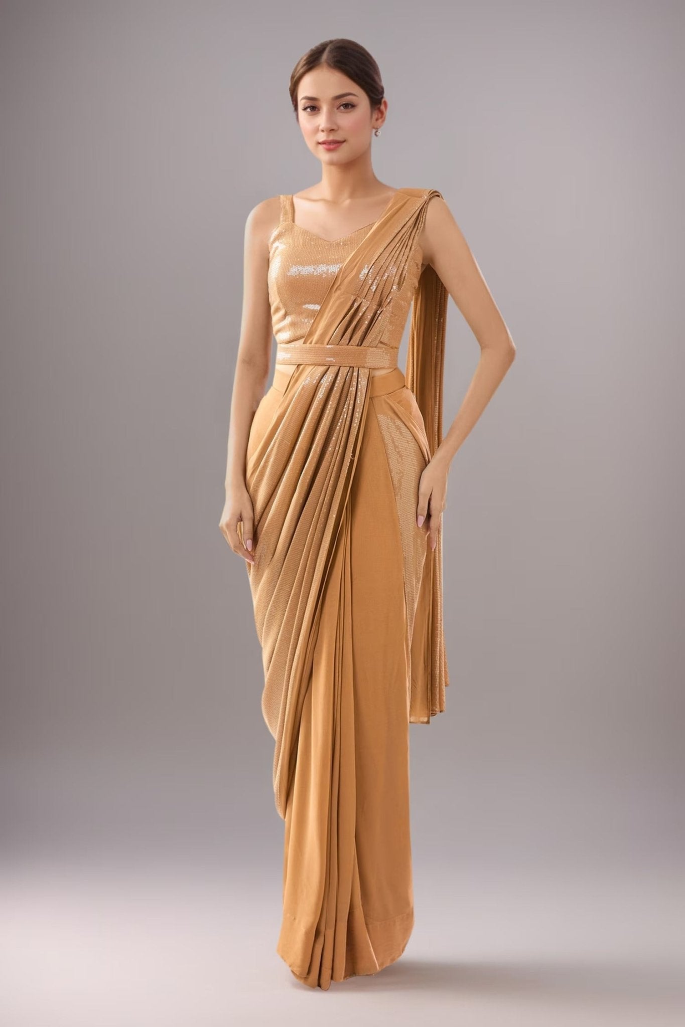 Designer Wear Brown Pre-Draped Saree Set - Simaaya