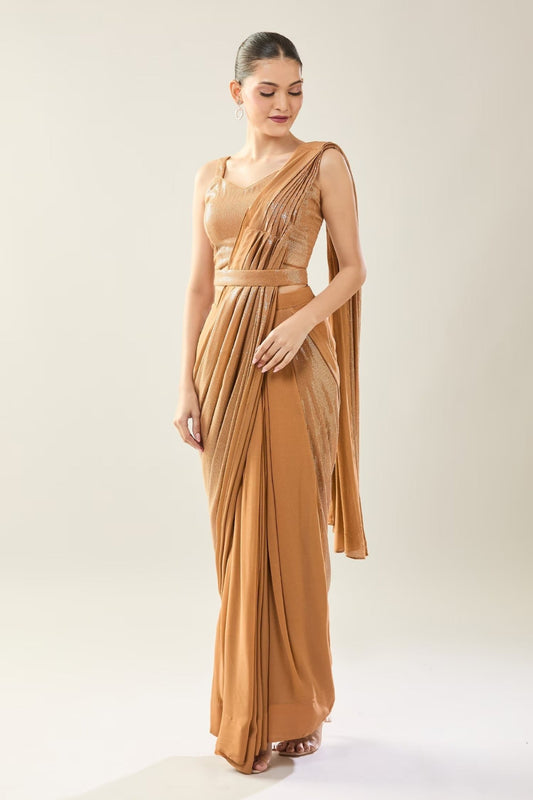 Designer Wear Brown Pre-Draped Saree Set - Simaaya