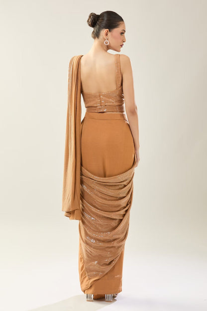 Designer Wear Brown Pre-Draped Saree Set - Simaaya