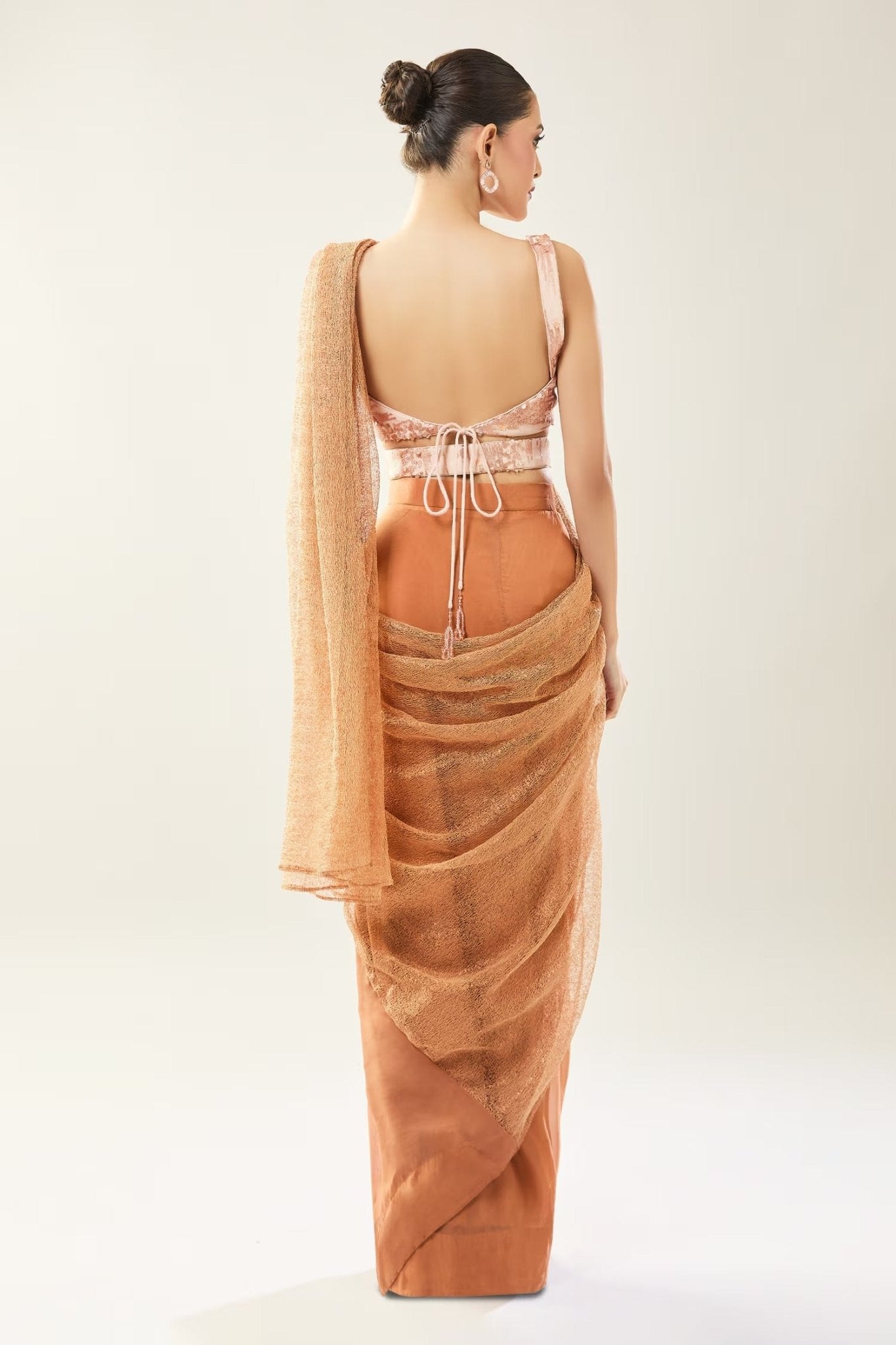 Designer Wear Brown Pre-Draped Saree Set - Simaaya