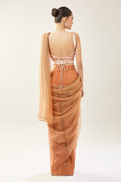Designer Wear Brown Pre-Draped Saree Set - Simaaya