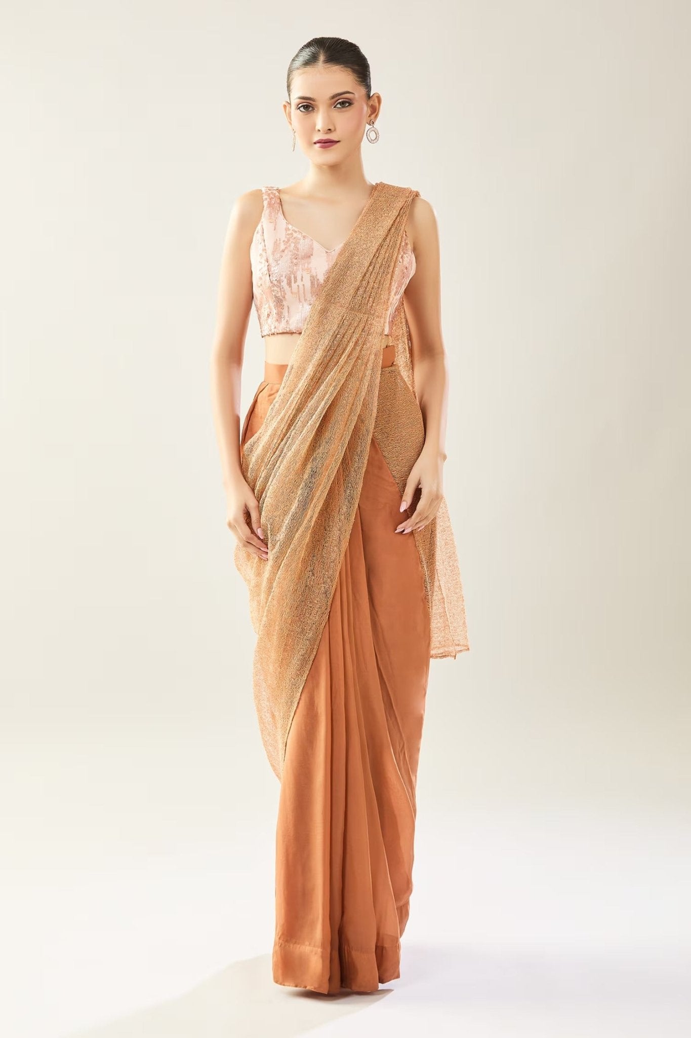 Designer Wear Brown Pre-Draped Saree Set - Simaaya