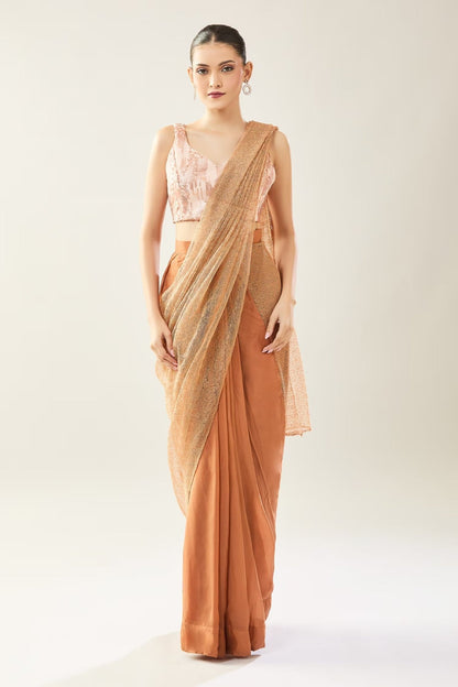 Designer Wear Brown Pre-Draped Saree Set - Simaaya