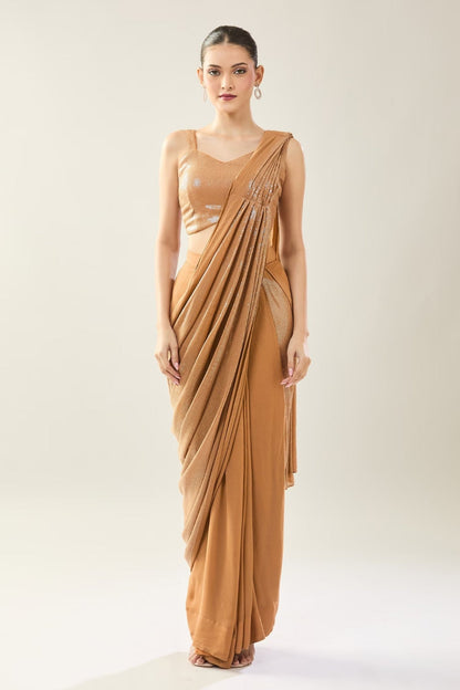 Designer Wear Brown Pre-Draped Saree Set - Simaaya