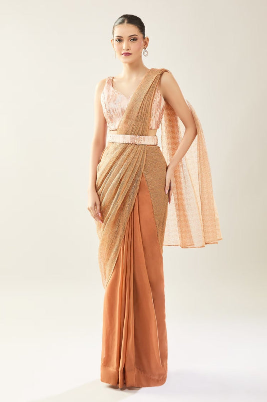 Designer Wear Brown Pre-Draped Saree Set - Simaaya