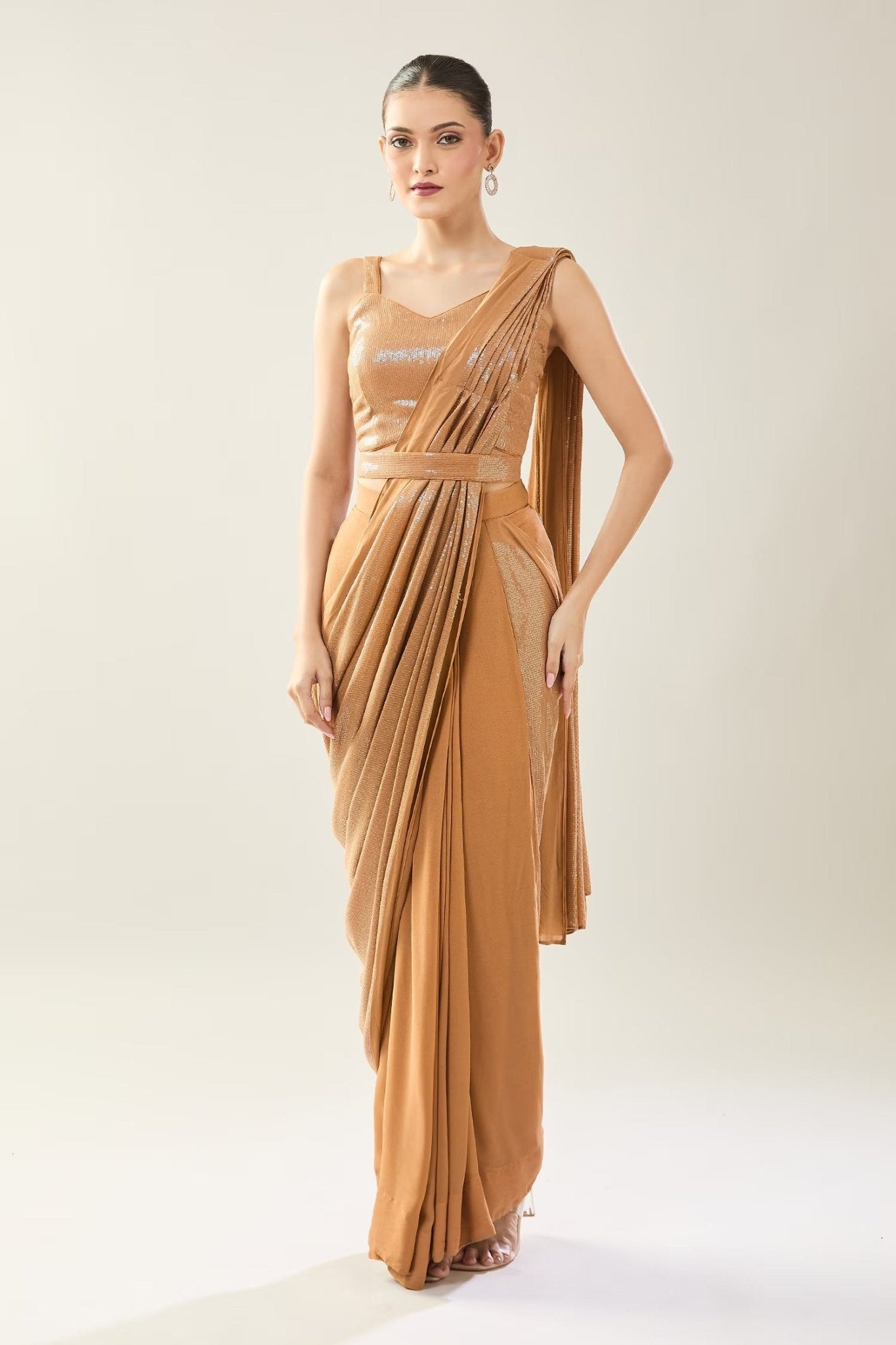 Designer Wear Brown Pre-Draped Saree Set - Simaaya