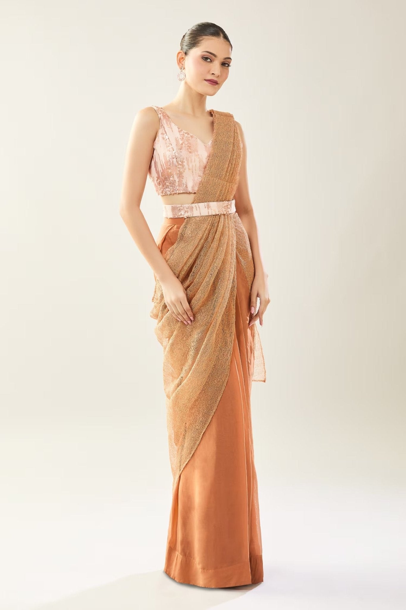 Designer Wear Brown Pre-Draped Saree Set - Simaaya