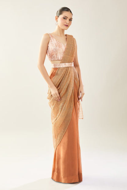 Designer Wear Brown Pre-Draped Saree Set - Simaaya