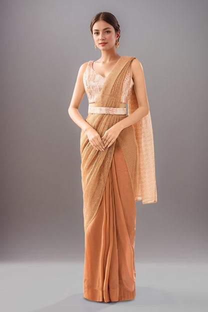 Designer Wear Brown Pre-Draped Saree Set - Simaaya