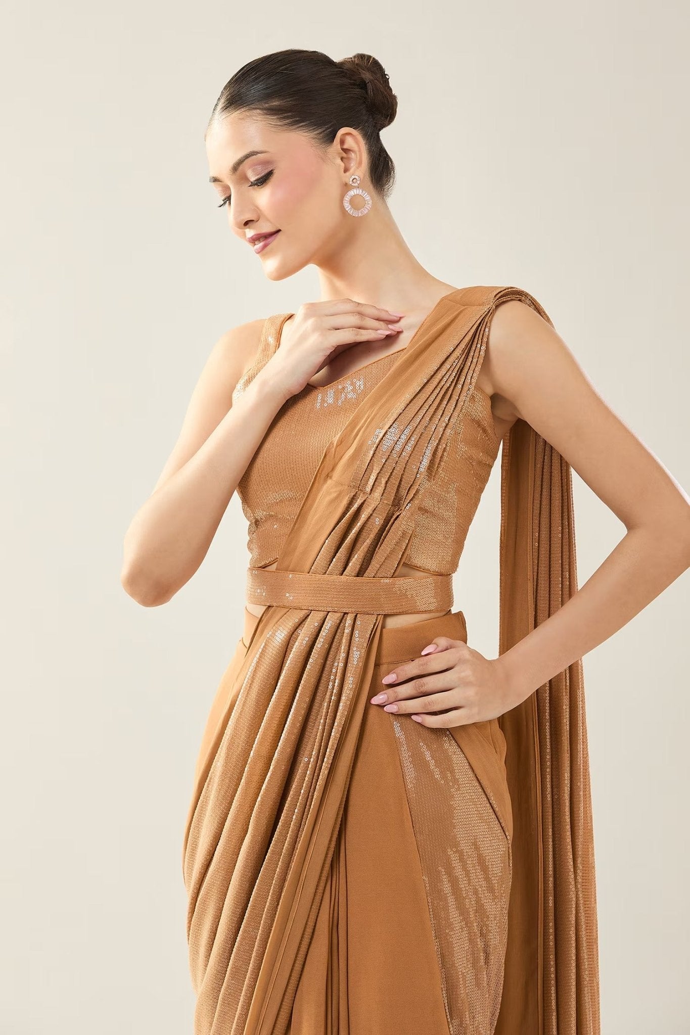 Designer Wear Brown Pre-Draped Saree Set - Simaaya