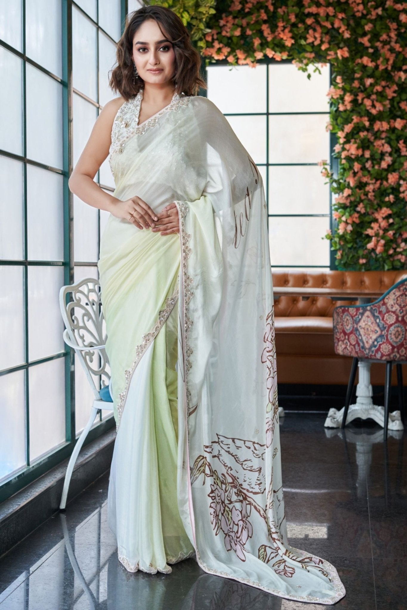 Designer Wear Chinon Crepe Drape Saree Set - Simaaya