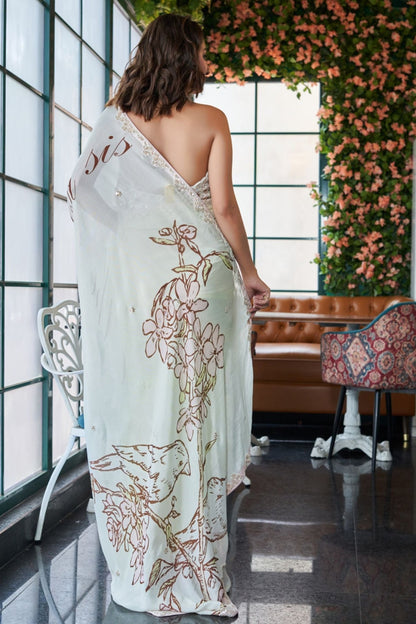 Designer Wear Chinon Crepe Drape Saree Set - Simaaya