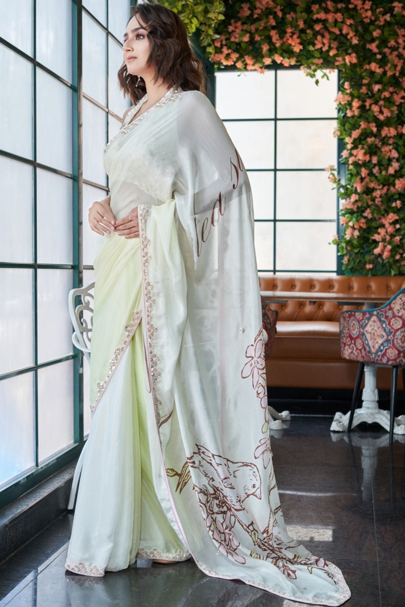 Designer Wear Chinon Crepe Drape Saree Set - Simaaya