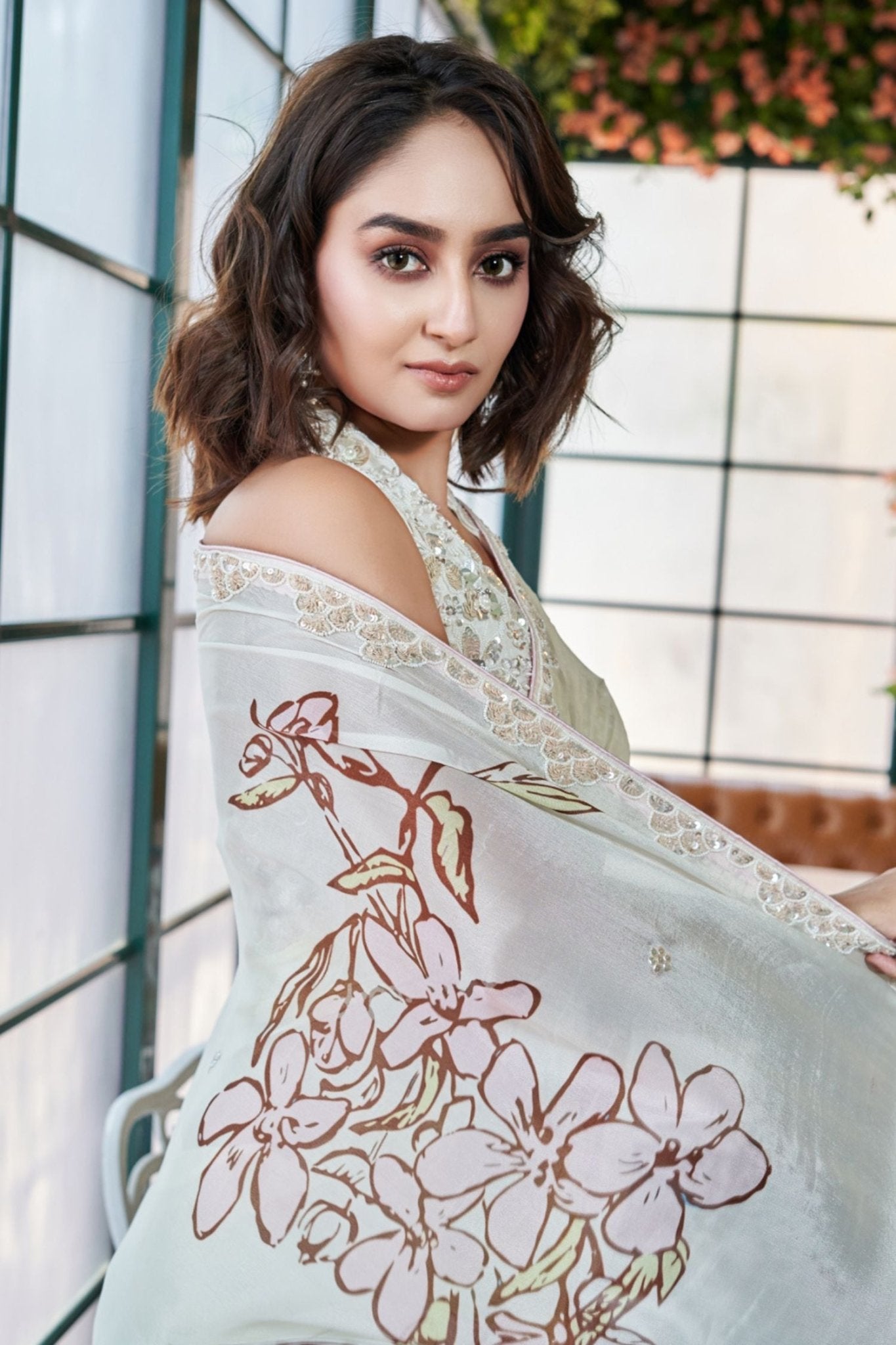 Designer Wear Chinon Crepe Drape Saree Set - Simaaya