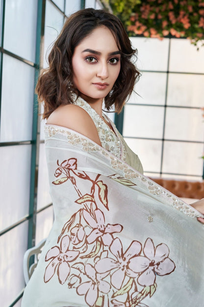 Designer Wear Chinon Crepe Drape Saree Set - Simaaya