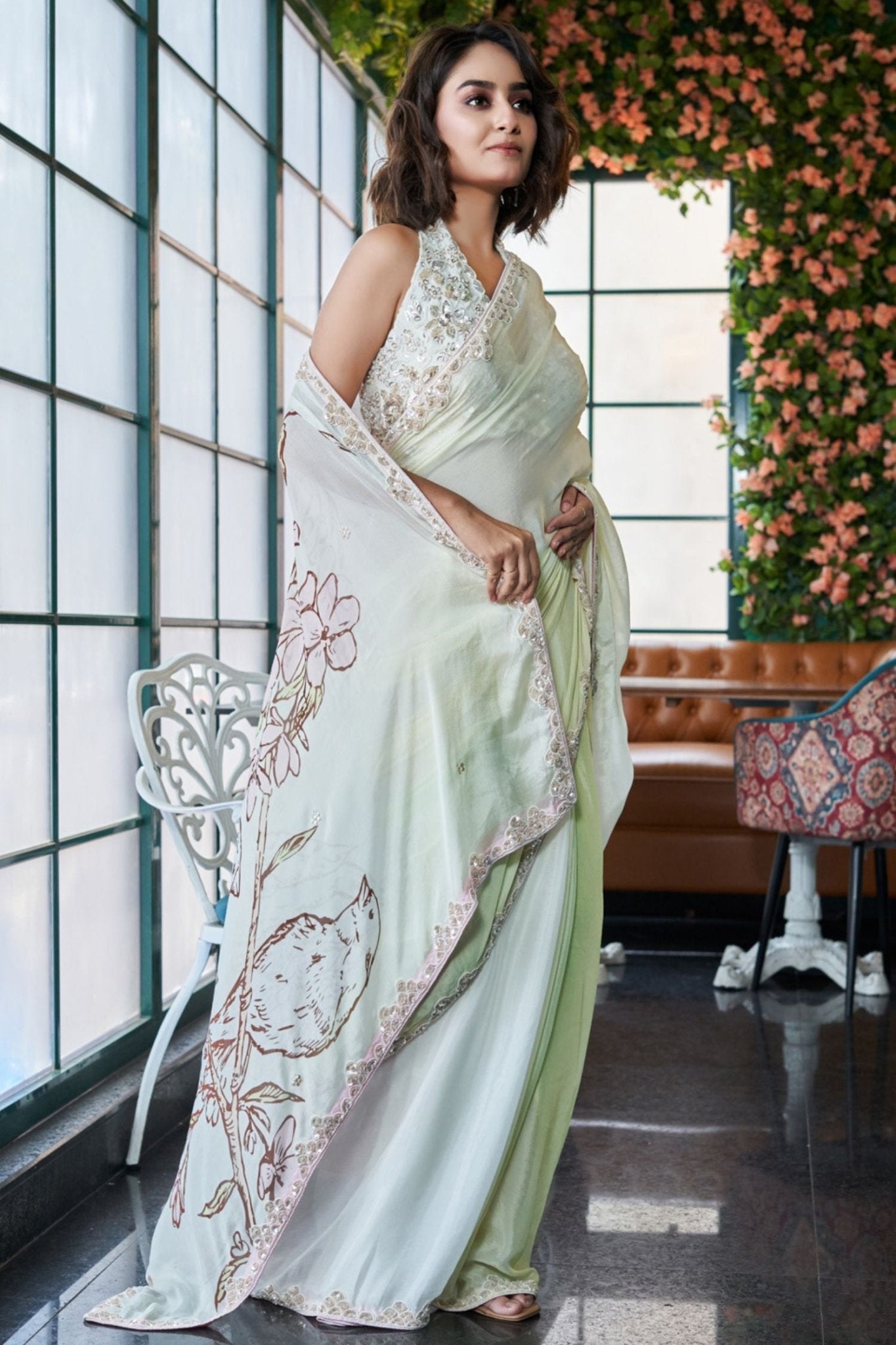 Designer Wear Chinon Crepe Drape Saree Set - Simaaya