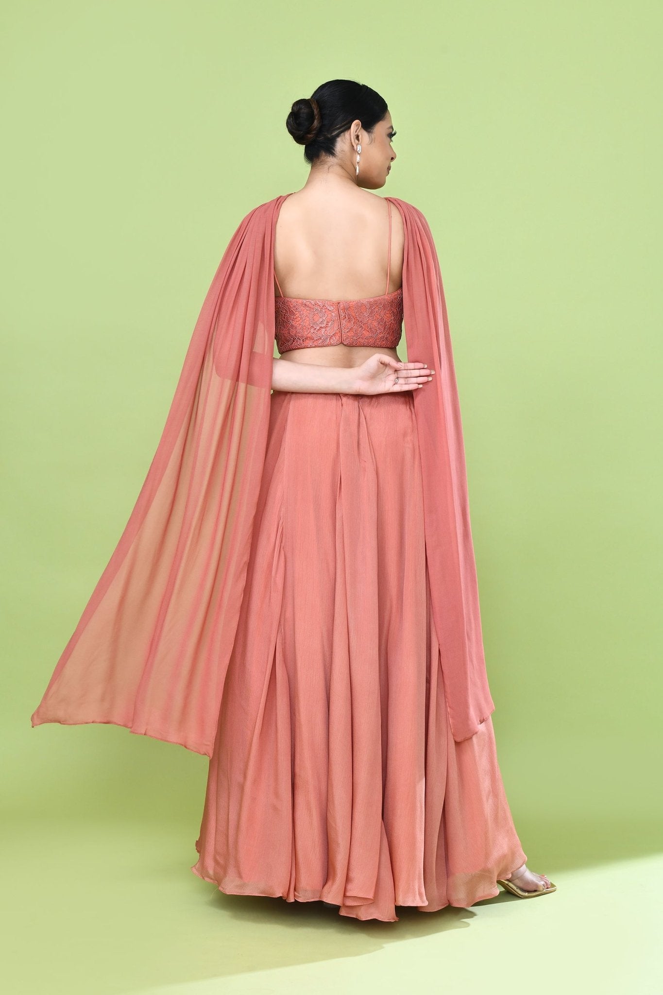 Designer Wear Coral Pink Chinon Chiffon Lehenga Set - Simaaya
