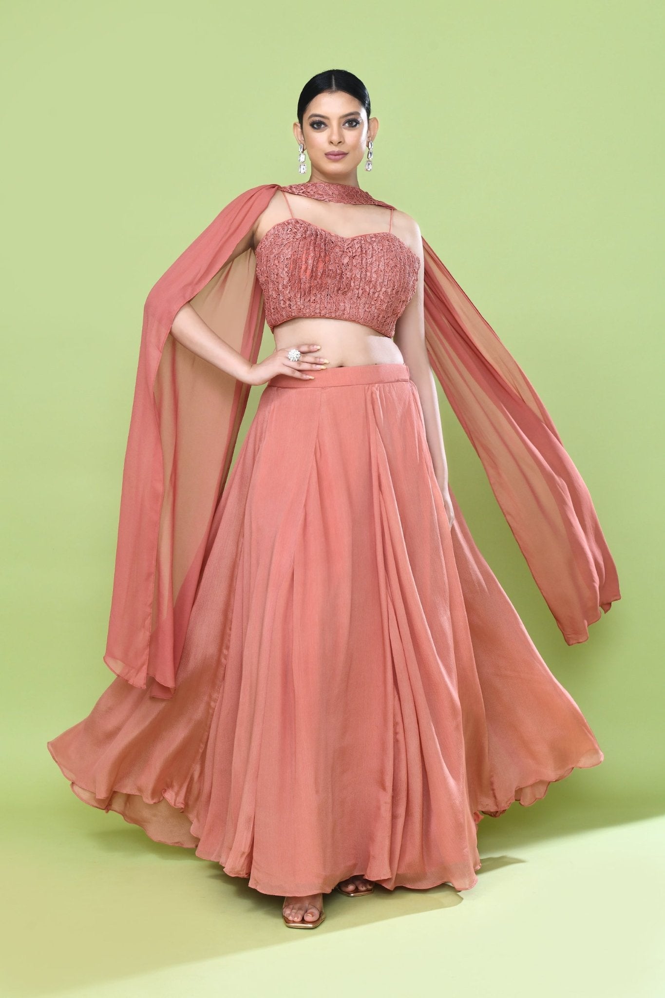 Designer Wear Coral Pink Chinon Chiffon Lehenga Set - Simaaya