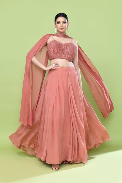 Designer Wear Coral Pink Chinon Chiffon Lehenga Set - Simaaya