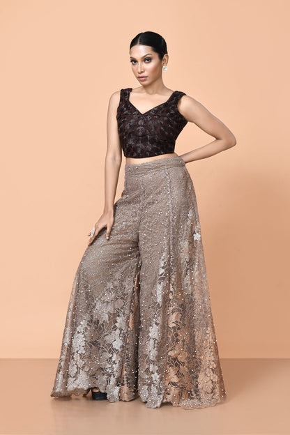 Designer Wear Deep Brown and Light Brown Net Palazzo Crop Top Set - Simaaya