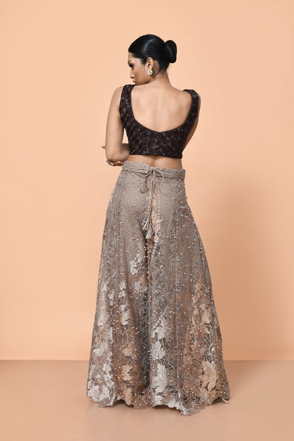 Designer Wear Deep Brown and Light Brown Net Palazzo Crop Top Set - Simaaya