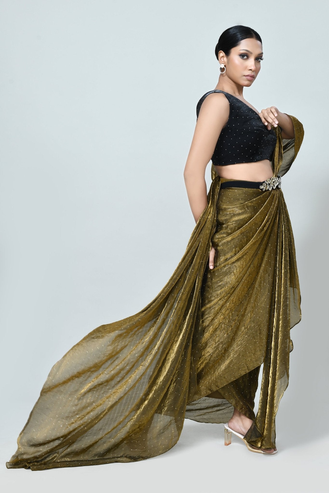 Designer Wear Golden Brown Diamond Silk Drape Saree - Simaaya