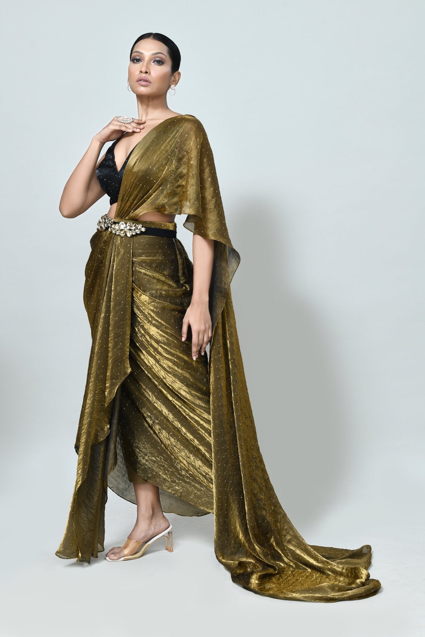 Designer Wear Golden Brown Diamond Silk Drape Saree - Simaaya