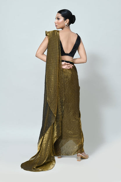 Designer Wear Golden Brown Diamond Silk Drape Saree - Simaaya