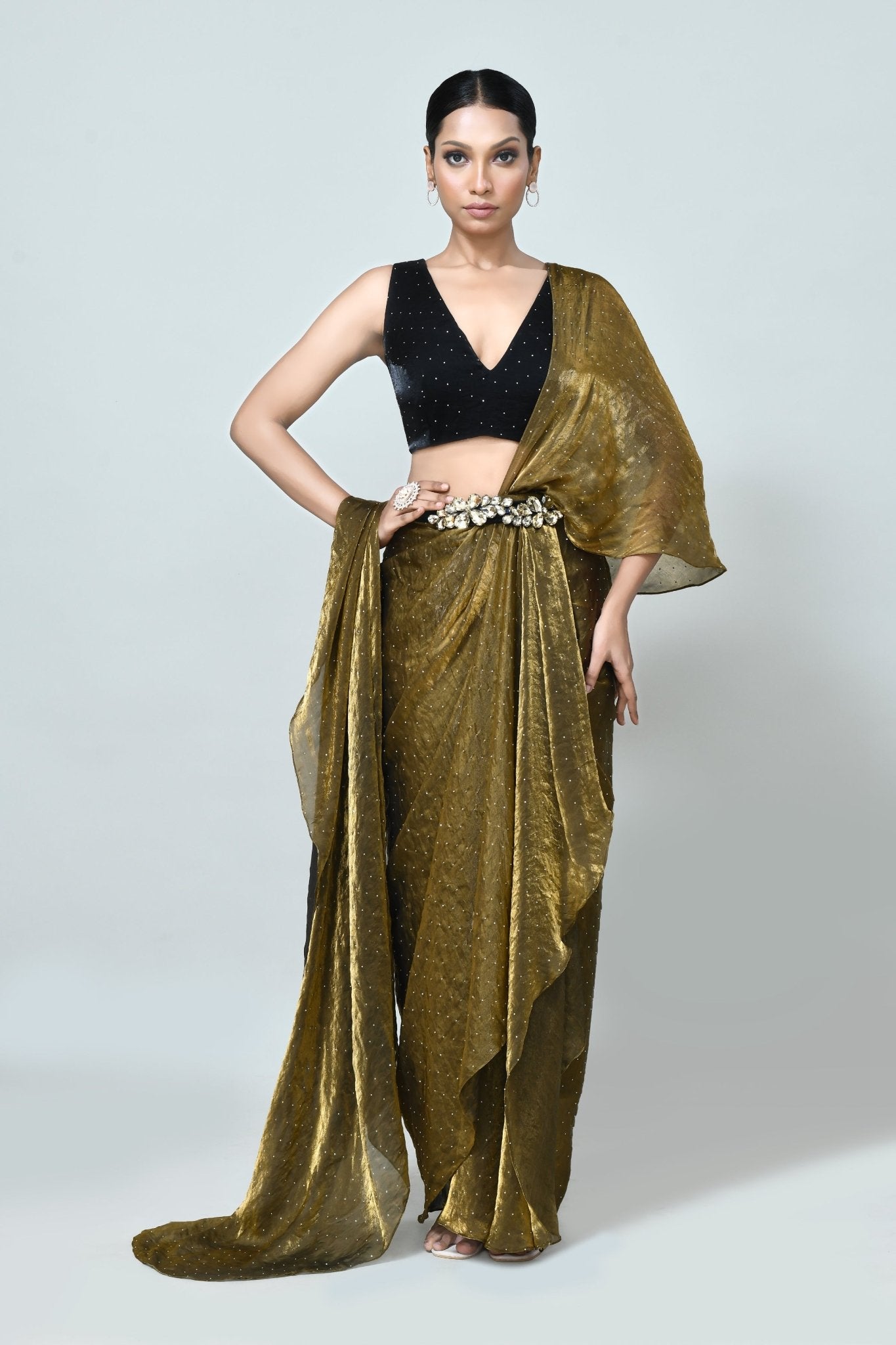 Designer Wear Golden Brown Diamond Silk Drape Saree - Simaaya