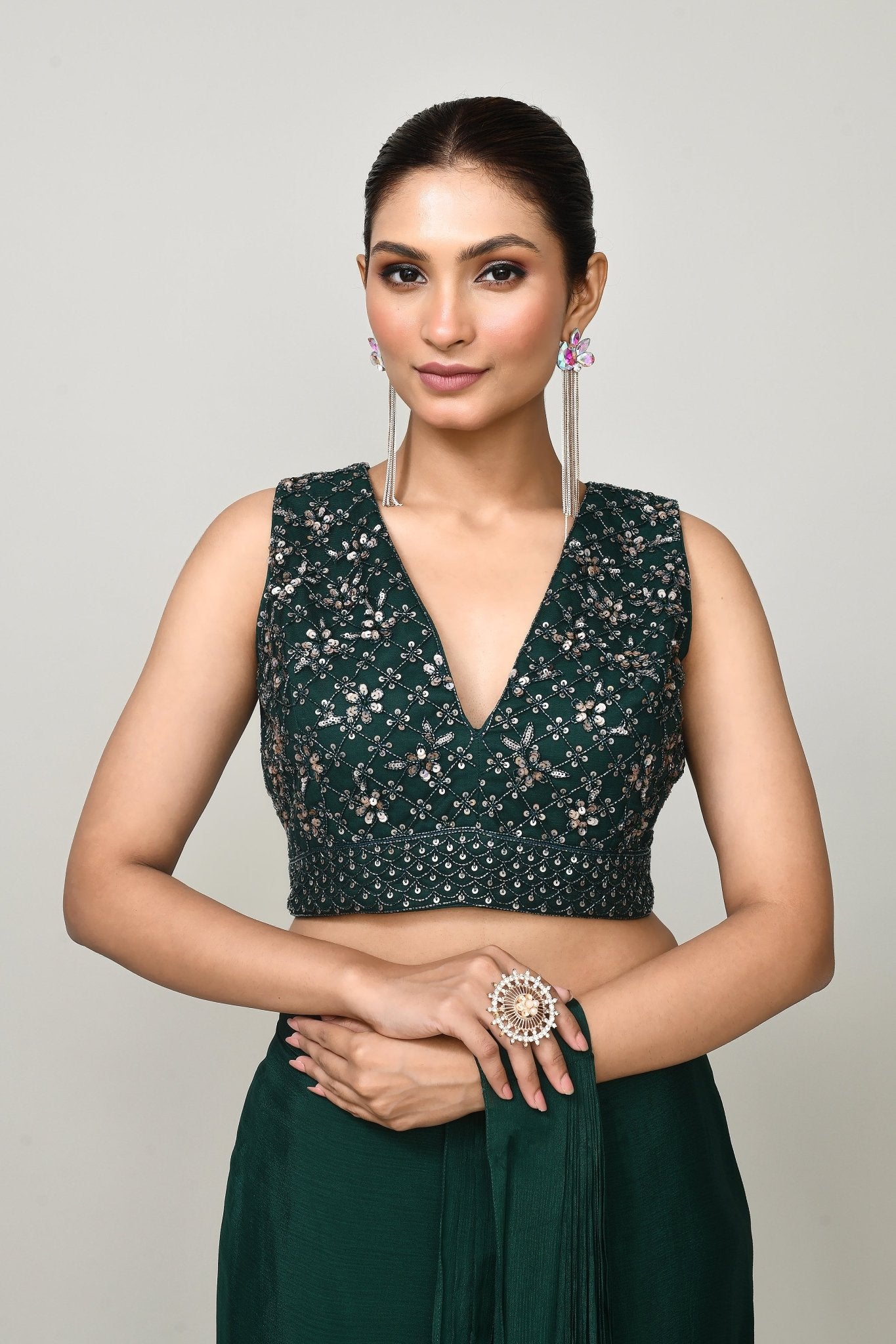 Designer Wear Green Chinon Chiffon Drape Saree - Simaaya