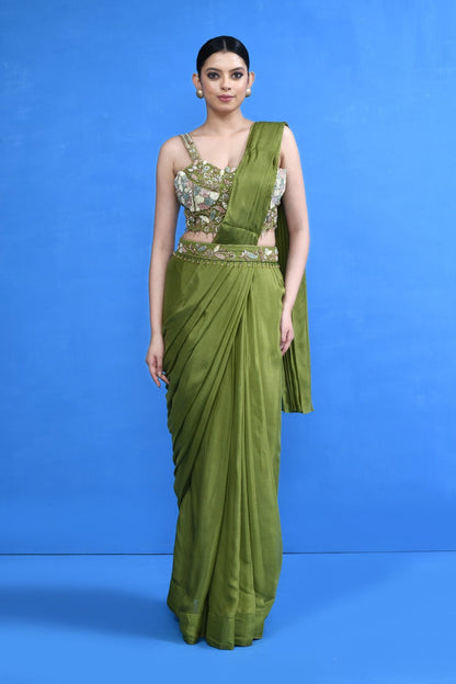 Designer Wear Green Chinon Chiffon Drape Saree - Simaaya