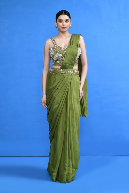 Designer Wear Green Chinon Chiffon Drape Saree - Simaaya