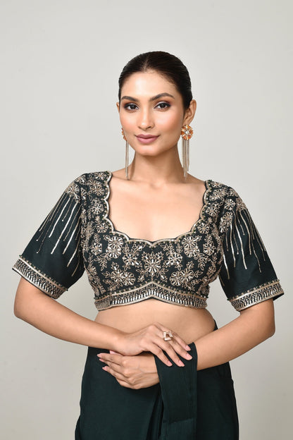 Designer Wear Green Chinon Chiffon Drape Saree - Simaaya