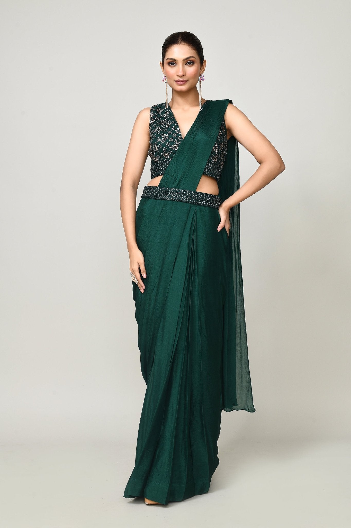 Designer Wear Green Chinon Chiffon Drape Saree - Simaaya