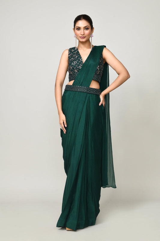 Designer Wear Green Chinon Chiffon Drape Saree - Simaaya