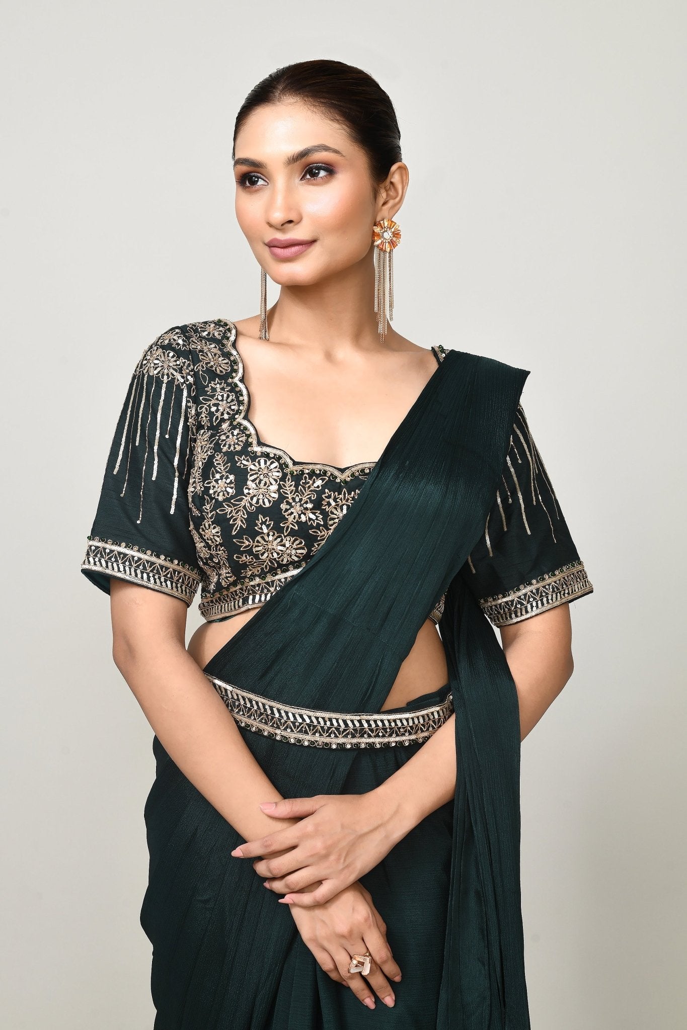 Designer Wear Green Chinon Chiffon Drape Saree - Simaaya