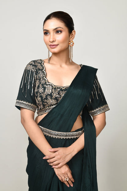 Designer Wear Green Chinon Chiffon Drape Saree - Simaaya