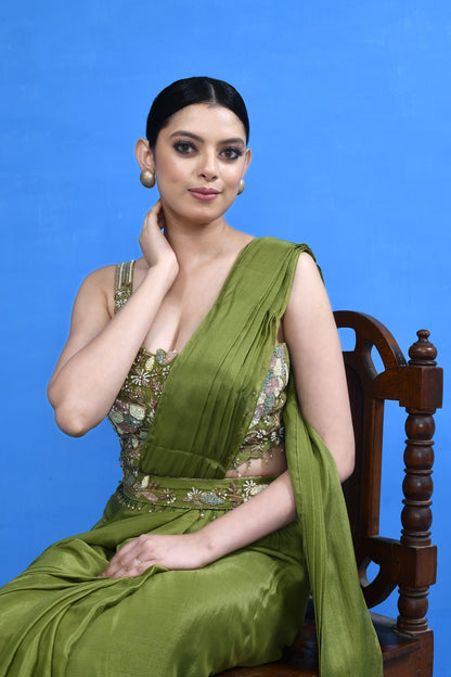 Designer Wear Green Chinon Chiffon Drape Saree - Simaaya