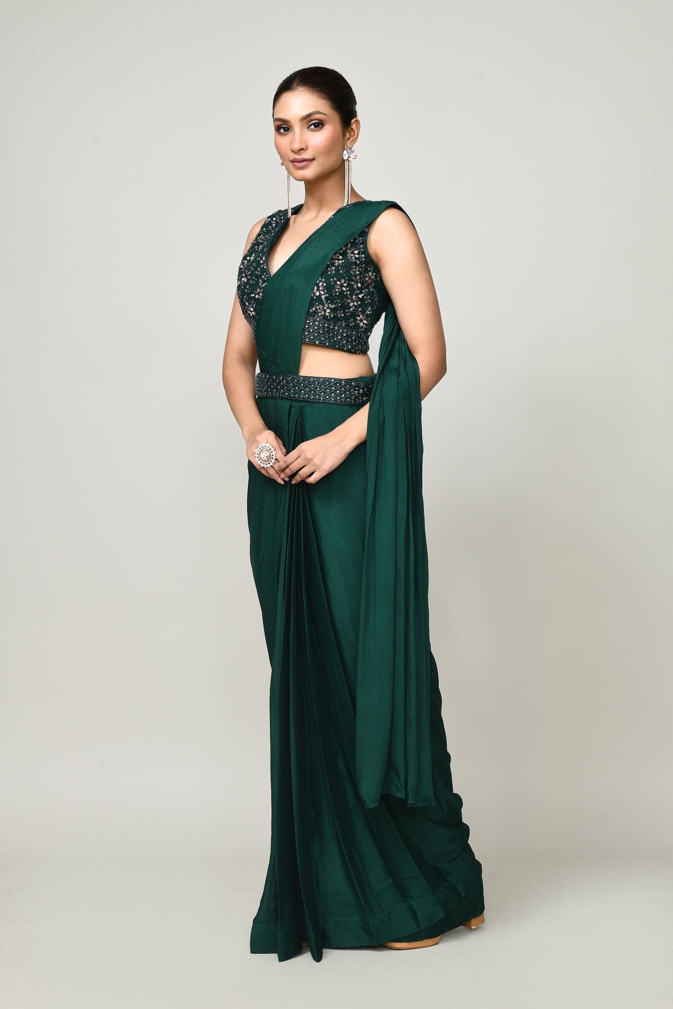 Designer Wear Green Chinon Chiffon Drape Saree - Simaaya