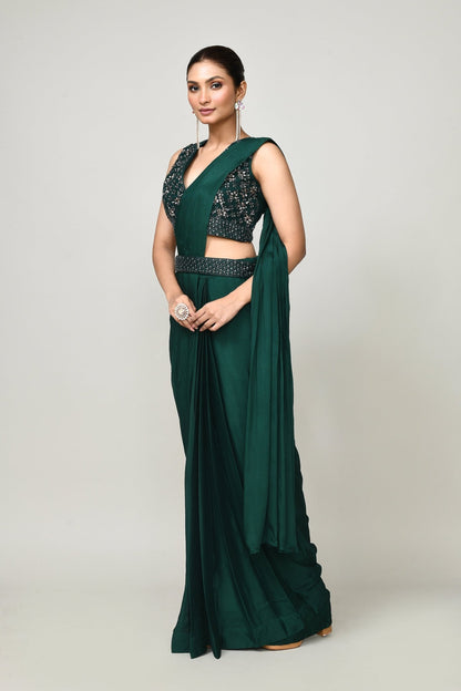 Designer Wear Green Chinon Chiffon Drape Saree - Simaaya