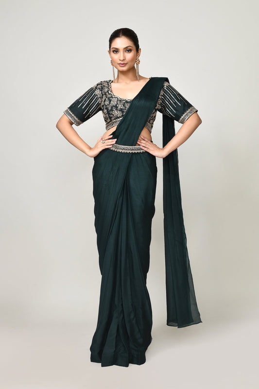 Designer Wear Green Chinon Chiffon Drape Saree - Simaaya