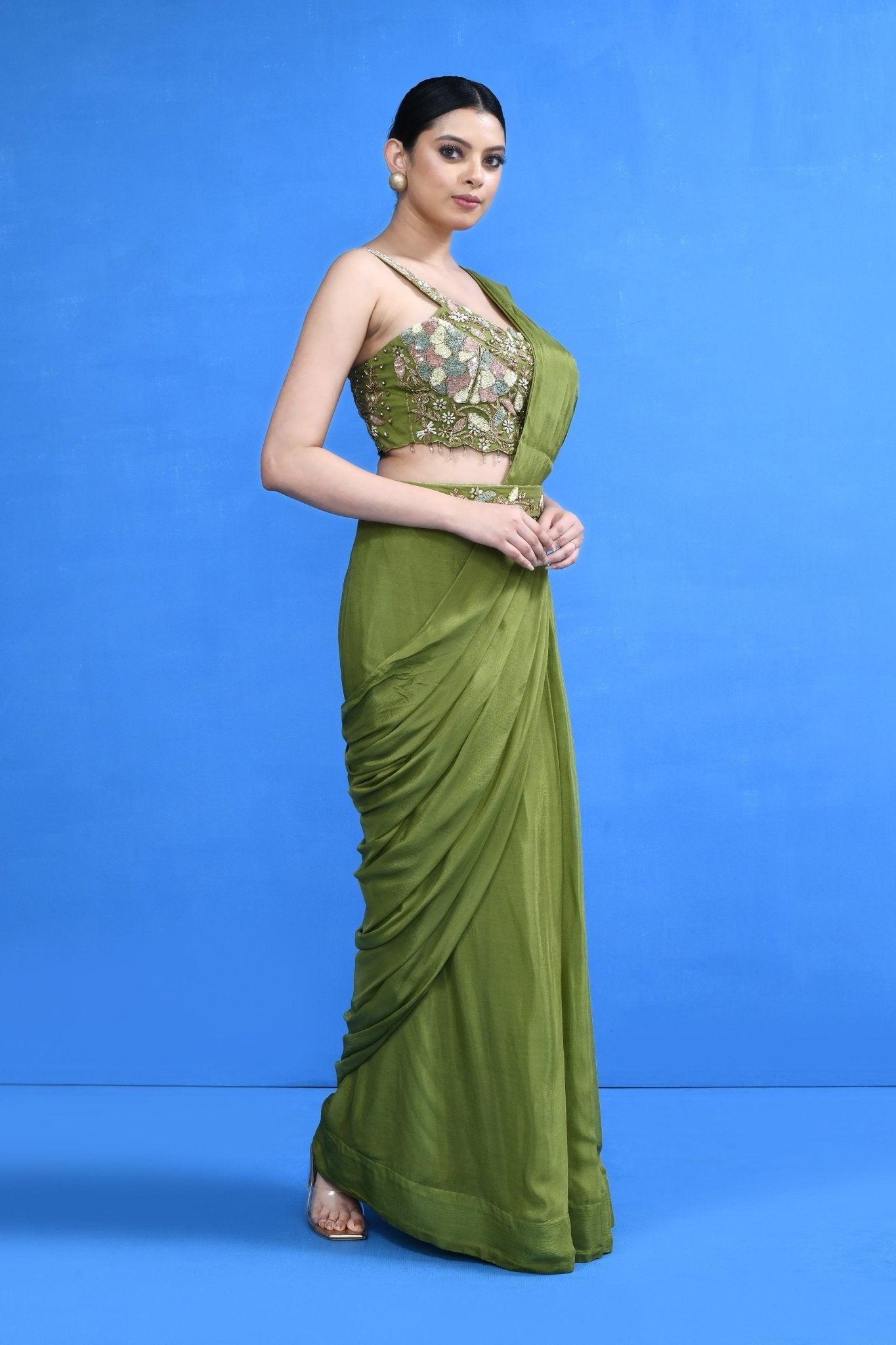 Designer Wear Green Chinon Chiffon Drape Saree - Simaaya