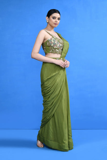 Designer Wear Green Chinon Chiffon Drape Saree - Simaaya