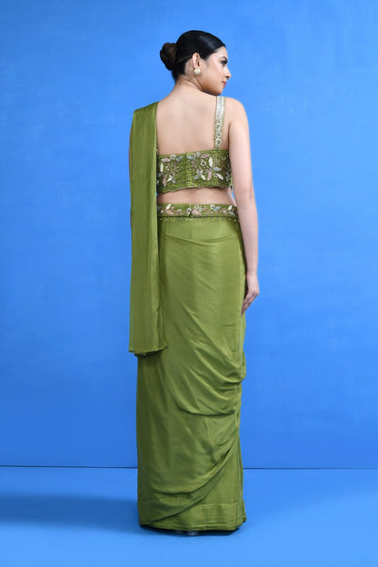Designer Wear Green Chinon Chiffon Drape Saree - Simaaya